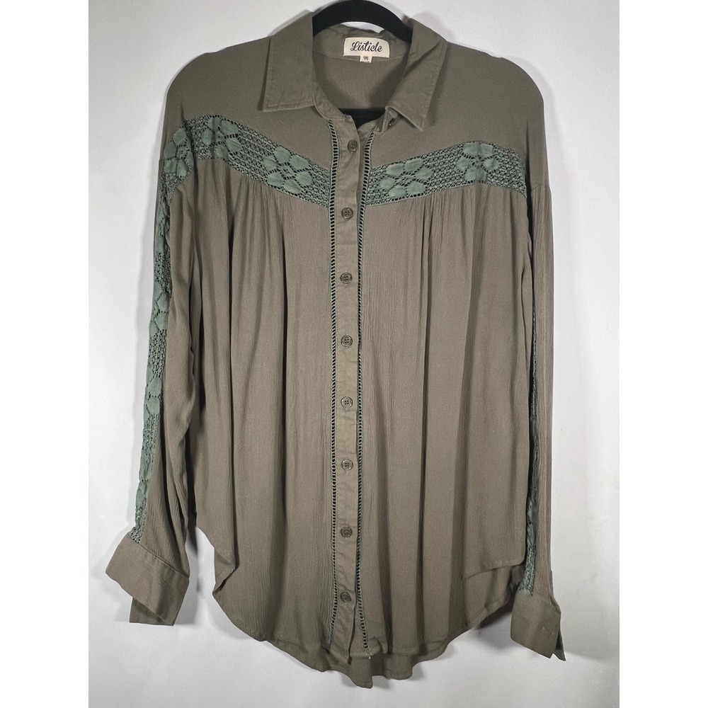 Listicle Olive Green Lace Crochet Button Down Top Boho Long Sleeve Blouse Medium